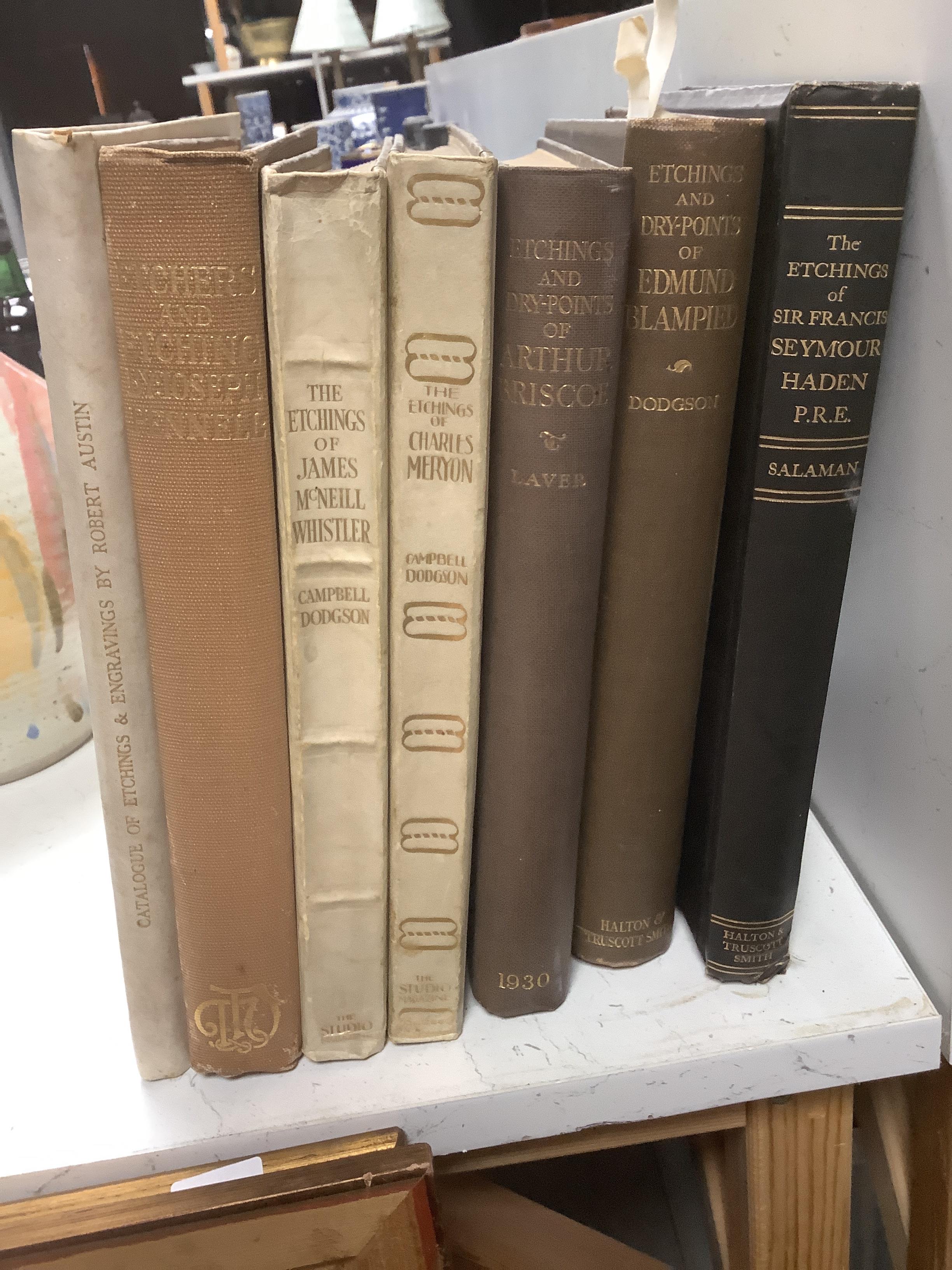 Books on the etchings of late 19th/early 20th-century artists to include Robert Austin, Joseph Fennell, James McNeill Whistler, Charles Meryon, Arthur Briscoe, Edmund Blampied and Seymour Haden